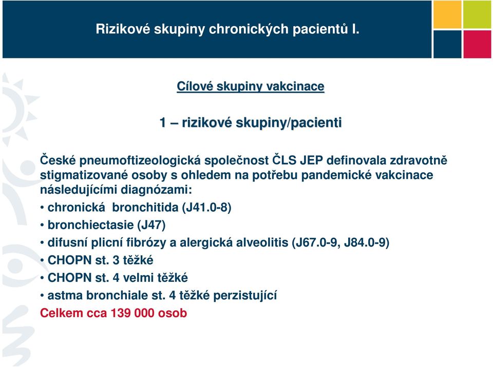 stigmatizované osoby s ohledem na potřebu pandemické vakcinace následujícími diagnózami: chronická bronchitida (J41.