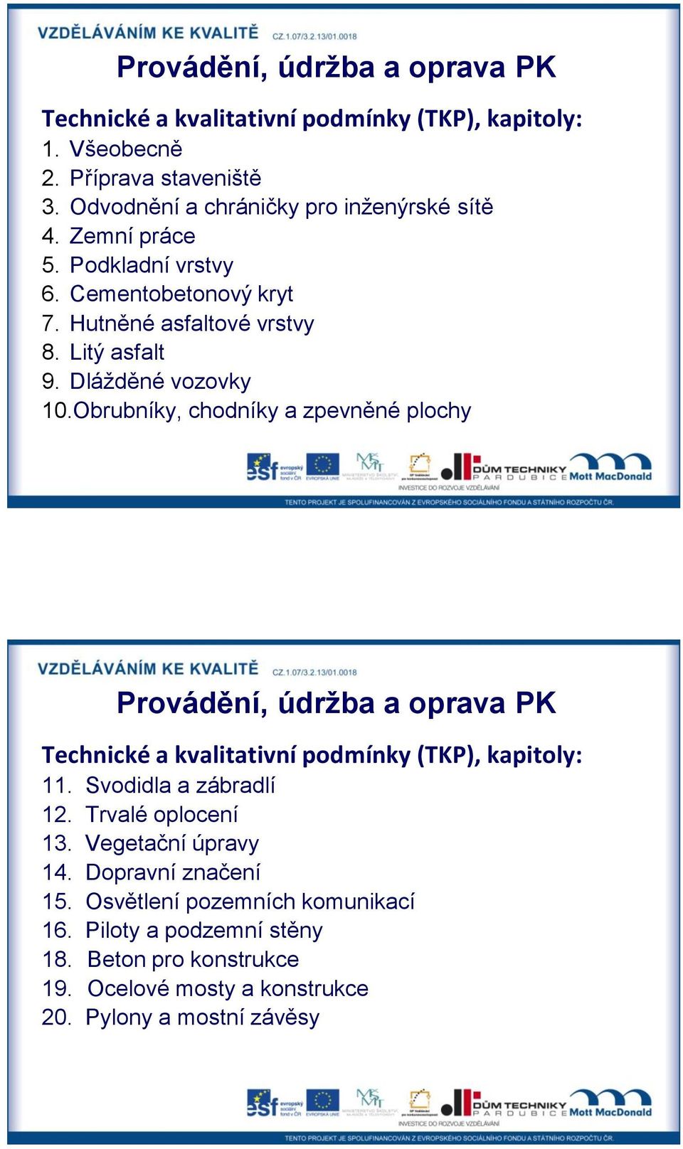 Obrubníky, chodníky a zpevněné plochy Technické a kvalitativní podmínky (TKP), kapitoly: 11. Svodidla a zábradlí 12. Trvalé oplocení 13.