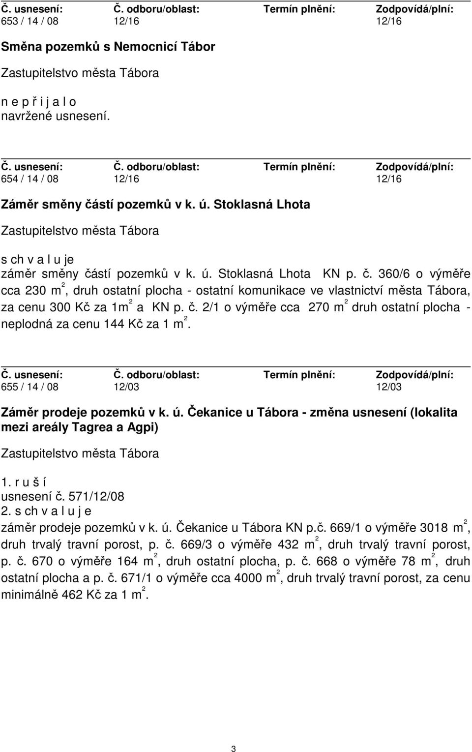 č. 2/1 o výměře cca 270 m 2 druh ostatní plocha - neplodná za cenu 144 Kč za 1 m 2. 655 / 14 / 08 12/03 12/03 Záměr prodeje pozemků v k. ú.