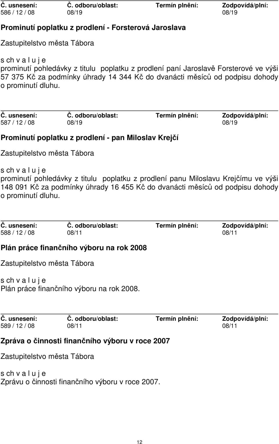 587 / 12 / 08 08/19 08/19 Prominutí poplatku z prodlení - pan Miloslav Krejčí prominutí pohledávky z titulu poplatku z prodlení panu Miloslavu Krejčímu ve výši 148 091 Kč za podmínky