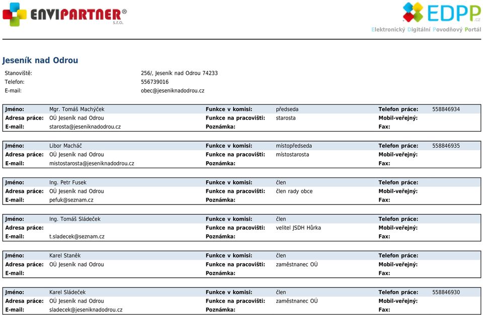 cz Poznámka: Fax: Jméno: Libor Macháč Funkce v komisi: místopředseda Telefon práce: 558846935 OÚ Jeseník nad Odrou Funkce na pracovišti: místostarosta E-mail: mistostarosta@jeseniknadodrou.