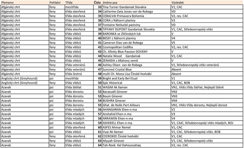 CAC Afgánský chrt feny třída otevřená 36 CORA z Náhorní planiny V3 Afgánský chrt feny třída otevřená 37 Fontaine Netlucké pastviny VD Afgánský chrt feny třída otevřená 38 TIFFANY DUPONT Gandamak