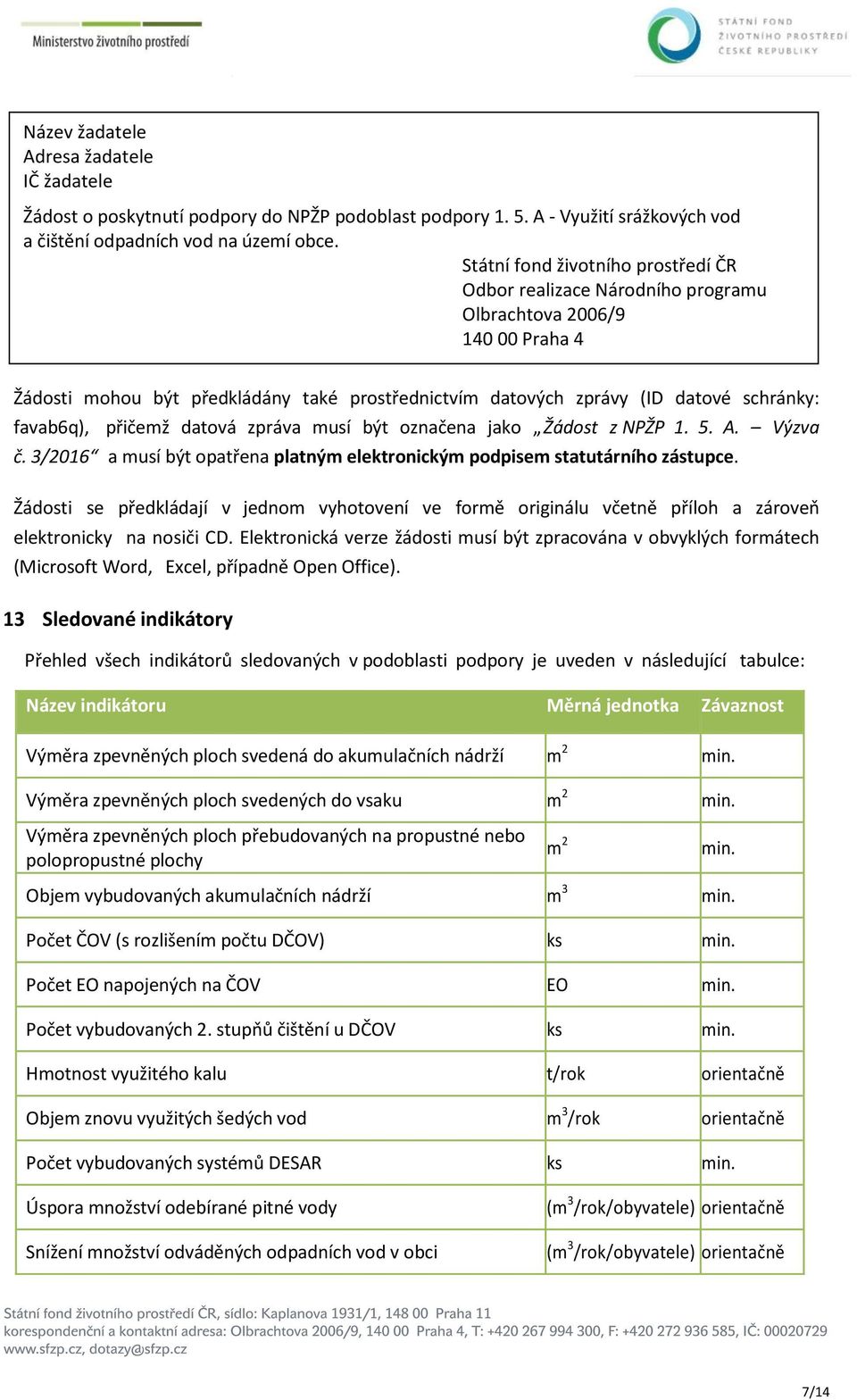 favab6q), přičemž datová zpráva musí být označena jako Žádost z NPŽP 1. 5. A. Výzva č. 3/2016 a musí být opatřena platným elektronickým podpisem statutárního zástupce.