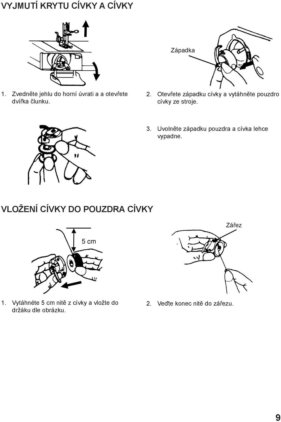 Otevřete západku cívky a vytáhněte pouzdro cívky ze stroje. 3.