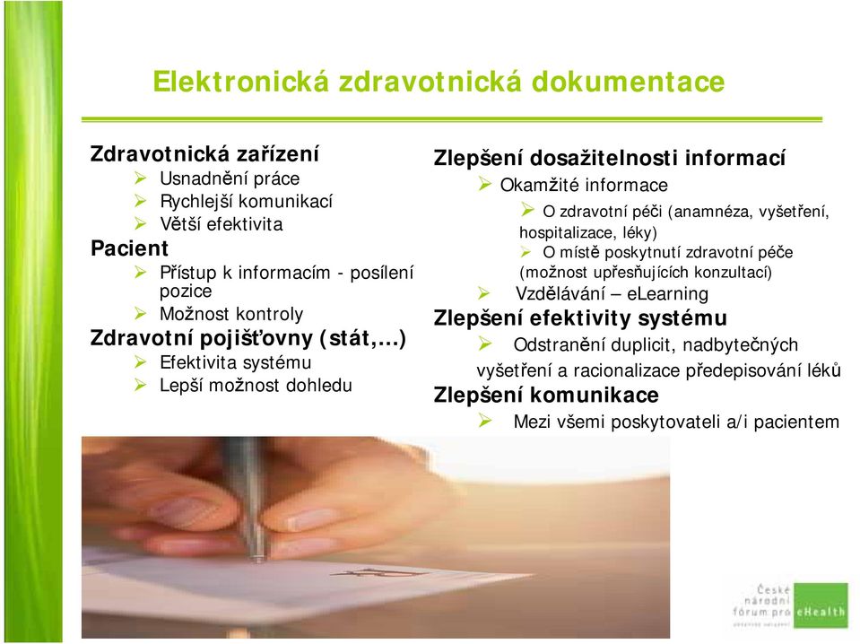 zdravotní péči (anamnéza, vyšetření, hospitalizace, léky) O místě poskytnutí zdravotní péče (možnost upřesňujících konzultací) Vzdělávání elearning