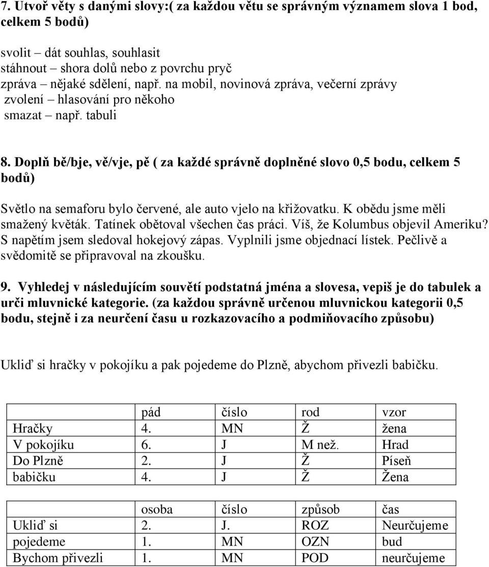 Doplň bě/bje, vě/vje, pě ( za každé správně doplněné slovo 0,5 bodu, celkem 5 bodů) Světlo na semaforu bylo červené, ale auto vjelo na křižovatku. K obědu jsme měli smažený květák.