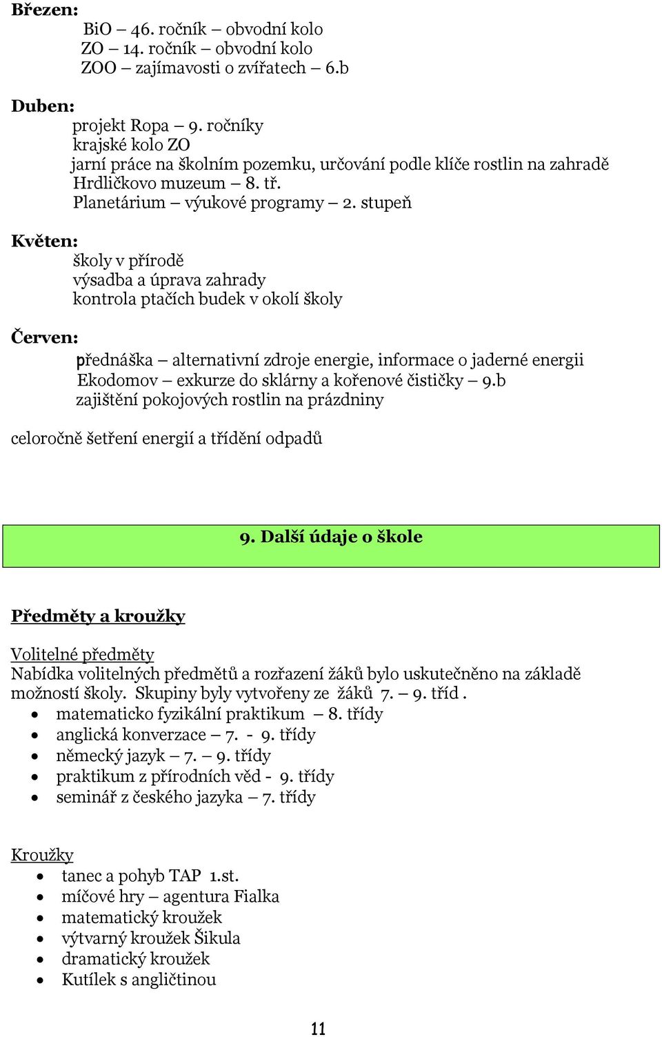 stupeň Květen: školy v přírodě výsadba a úprava zahrady kontrola ptačích budek v okolí školy Červen: přednáška alternativní zdroje energie, informace o jaderné energii Ekodomov exkurze do sklárny a