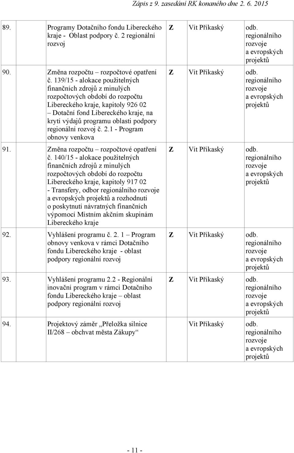 regionální rozvoj č. 2.1 - Program obnovy venkova 91. Změna rozpočtu rozpočtové opatření č.