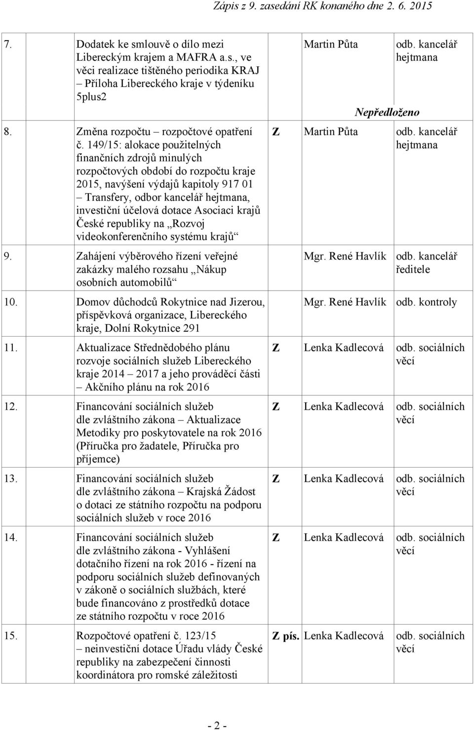Asociaci krajů České republiky na Rozvoj videokonferenčního systému krajů 9. Zahájení výběrového řízení veřejné zakázky malého rozsahu Nákup osobních automobilů 10.