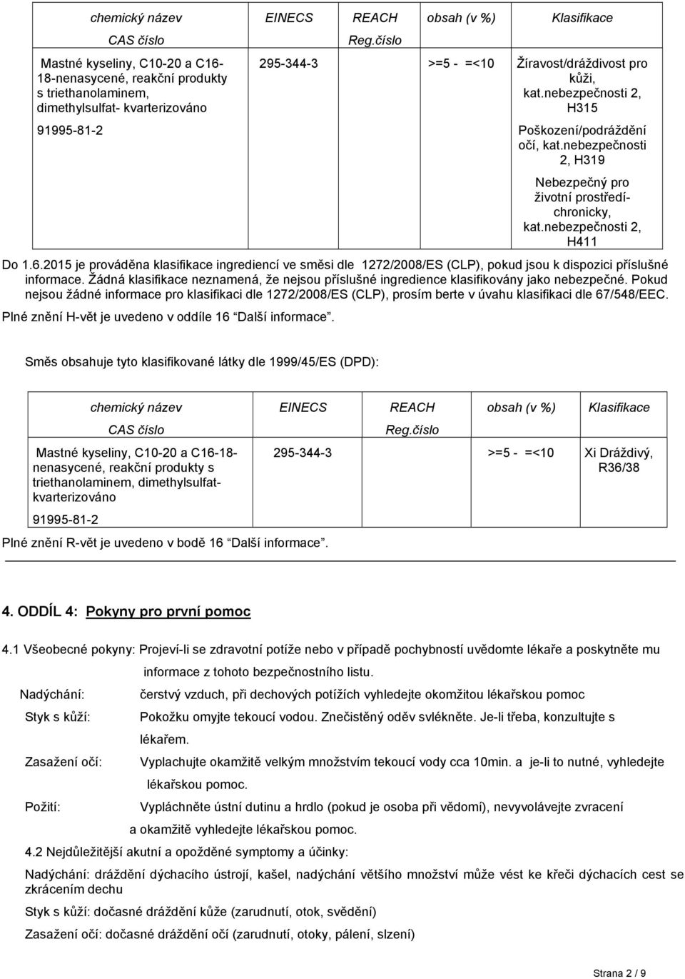 2015 je prováděna klasifikace ingrediencí ve směsi dle 1272/2008/ES (CLP), pokud jsou k dispozici příslušné informace.