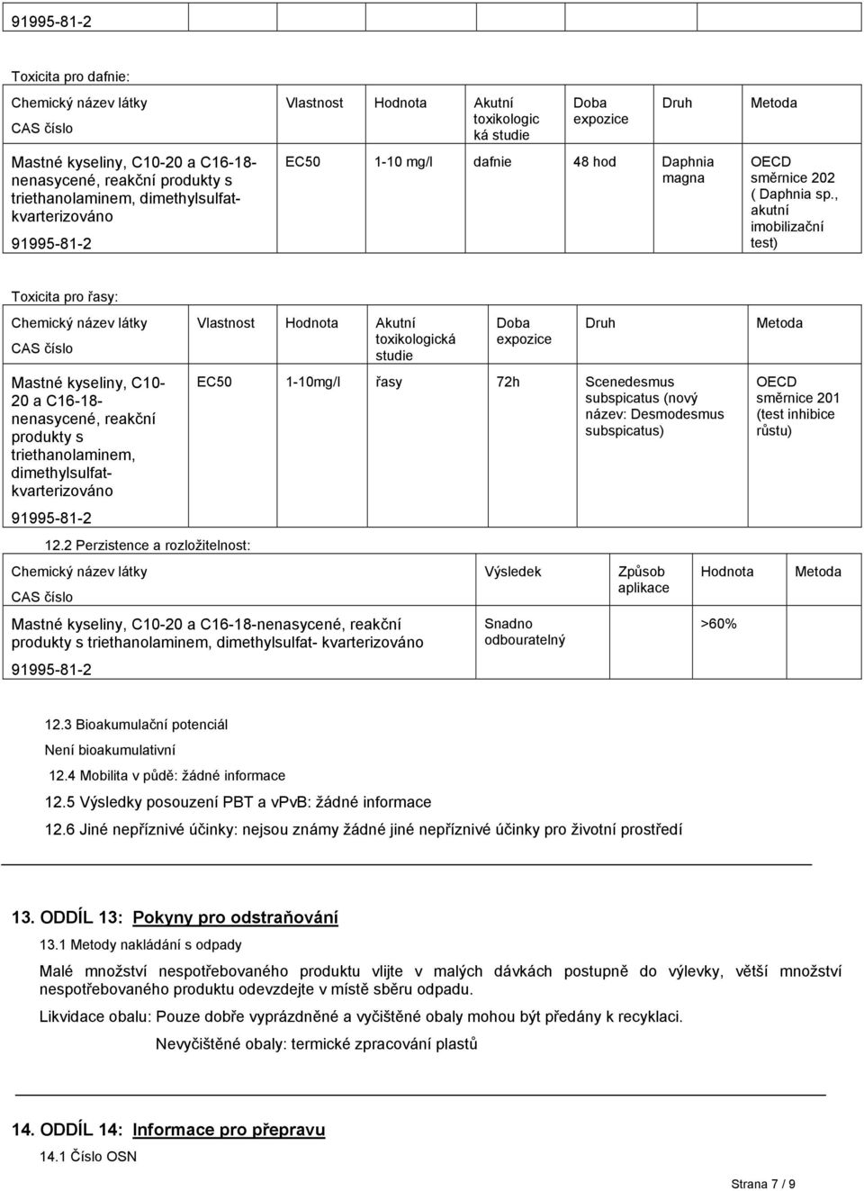 2 Perzistence a rozložitelnost: Vlastnost Hodnota Akutní toxikologická studie Doba EC50 1-10mg/l řasy 72h Scenedesmus subspicatus (nový název: Desmodesmus subspicatus) 18-nenasycené, reakční Výsledek