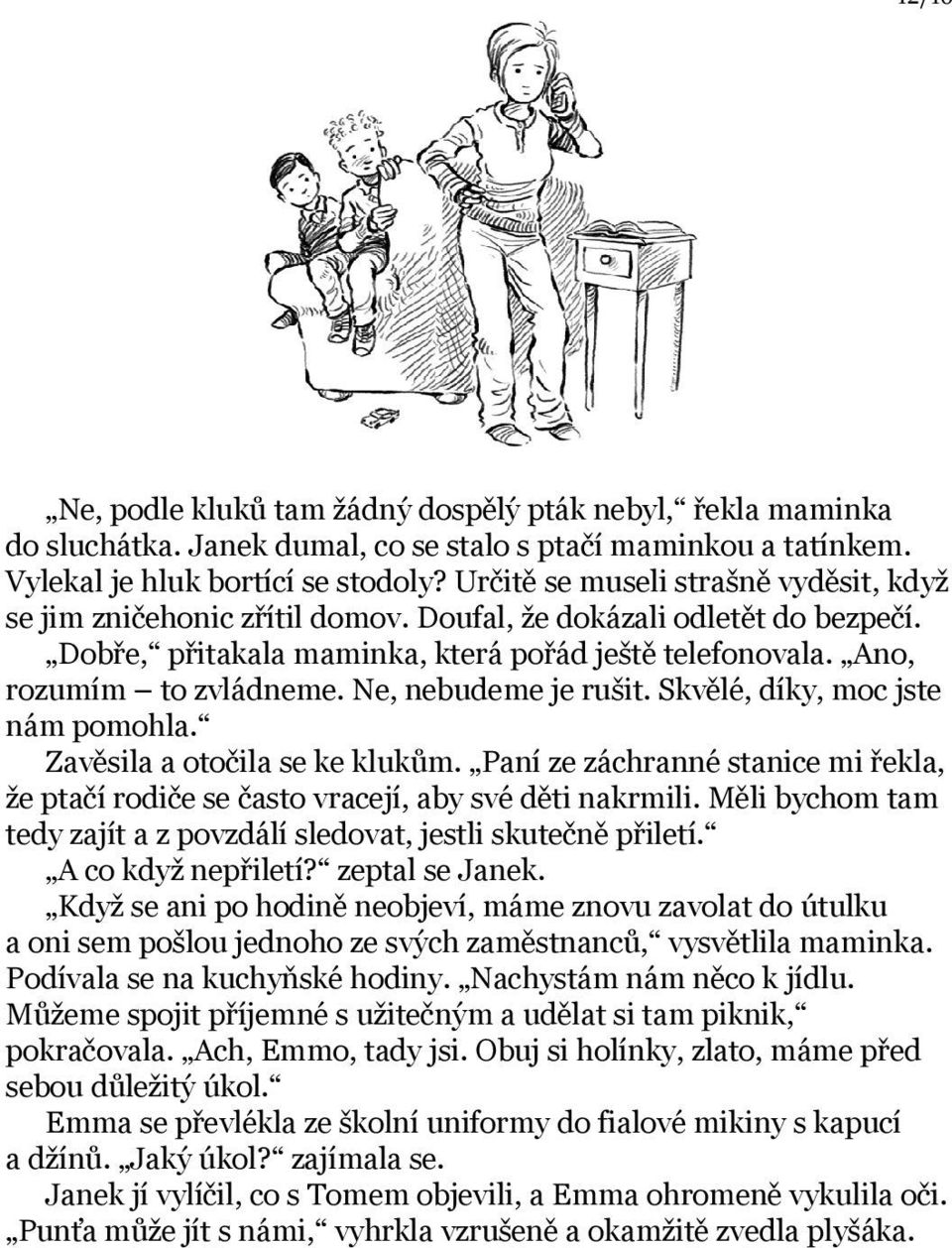 Ne, nebudeme je rušit. Skvělé, díky, moc jste nám pomohla. Zavěsila a otočila se ke klukům. Paní ze záchranné stanice mi řekla, že ptačí rodiče se často vracejí, aby své děti nakrmili.