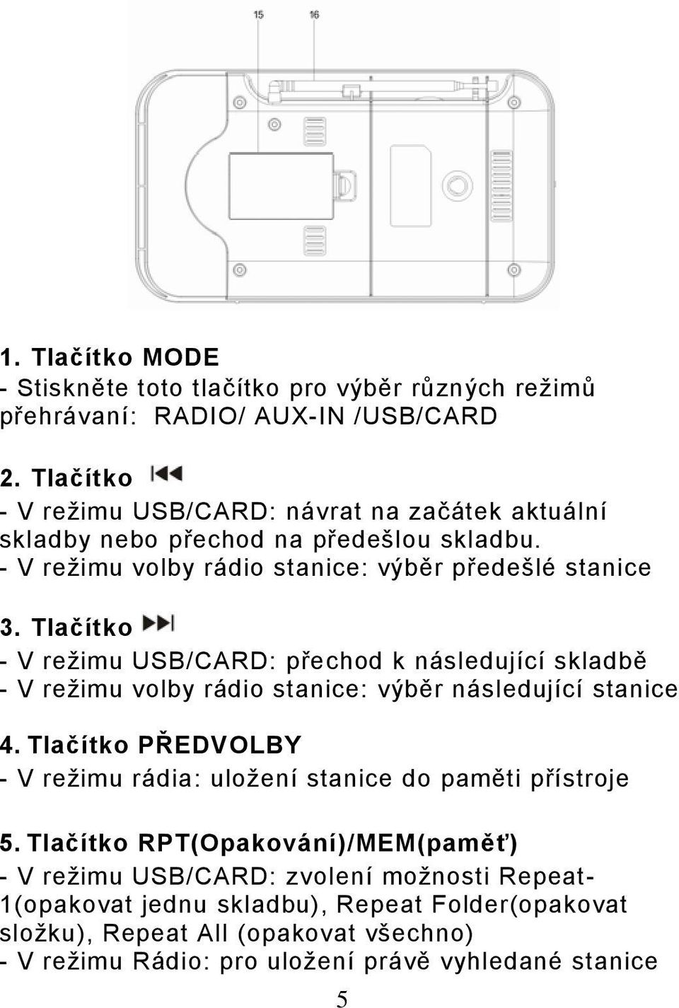 Tlačítko - V režimu USB/CARD: přechod k následující skladbě - V režimu volby rádio stanice: výběr následující stanice 4.