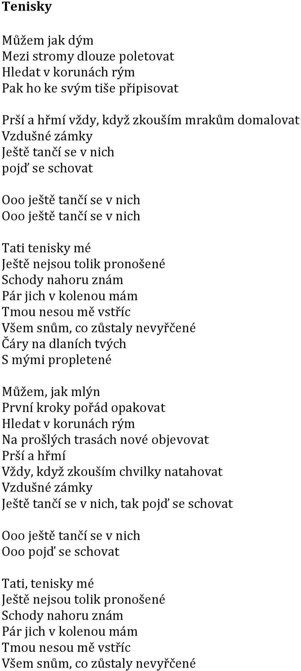 Čáry na dlaních tvých S mými propletené Můžem, jak mlýn První kroky pořád opakovat Hledat v korunách rým Na prošlých trasách nové objevovat Prší a hřmí Vždy, když zkouším chvilky natahovat Vzdušné