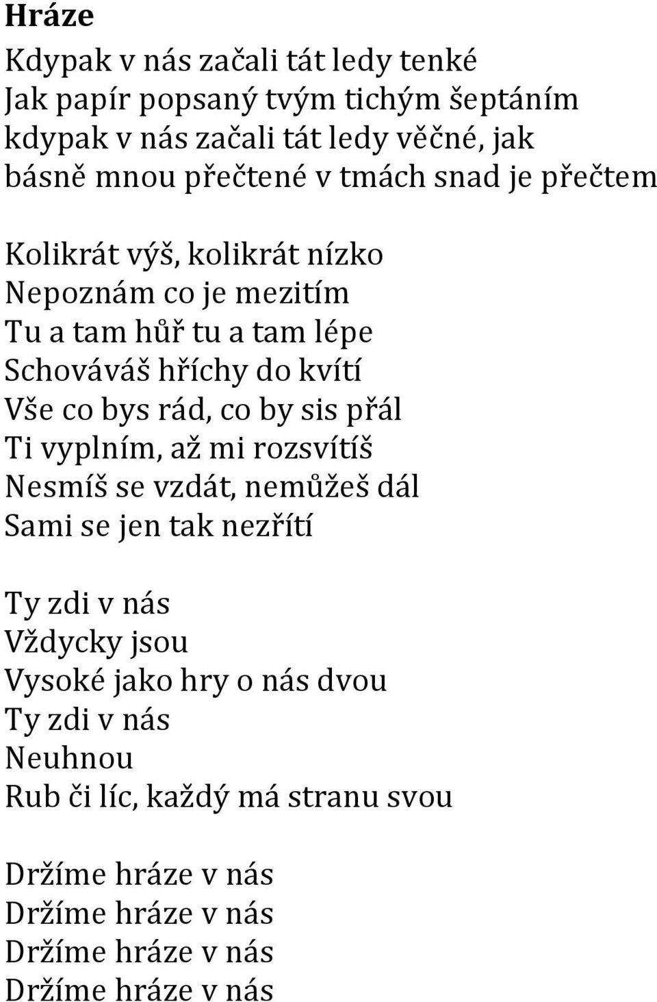 rád, co by sis přál Ti vyplním, až mi rozsvítíš Nesmíš se vzdát, nemůžeš dál Sami se jen tak nezřítí Ty zdi v nás Vždycky jsou Vysoké jako