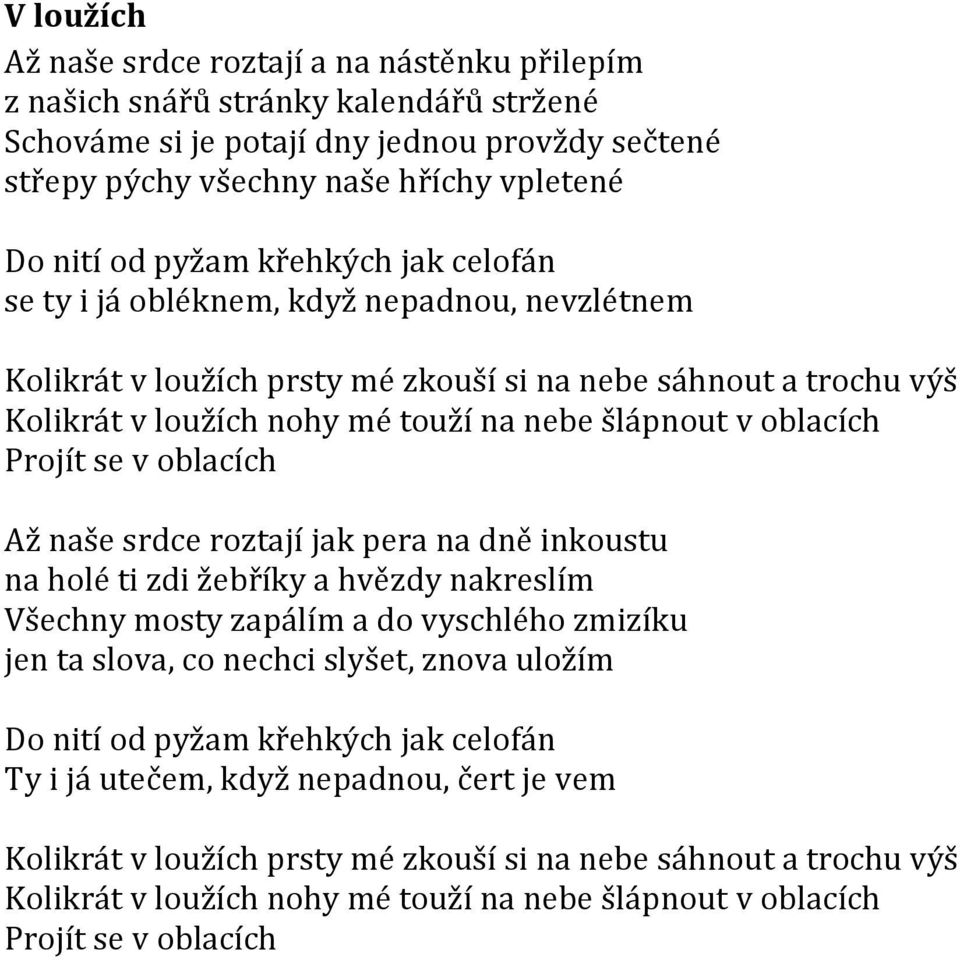 oblacích Projít se v oblacích Až naše srdce roztají jak pera na dně inkoustu na holé ti zdi žebříky a hvězdy nakreslím Všechny mosty zapálím a do vyschlého zmizíku jen ta slova, co nechci slyšet,