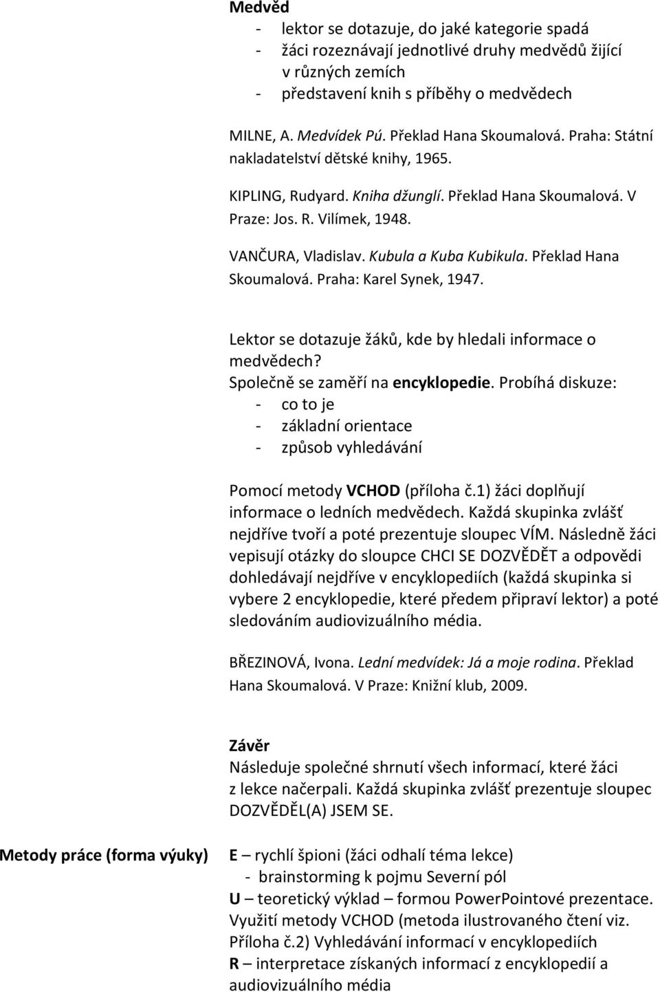 Kubula a Kuba Kubikula. Překlad Hana Skoumalová. Praha: Karel Synek, 1947. Lektor se dotazuje žáků, kde by hledali informace o medvědech? Společně se zaměří na encyklopedie.