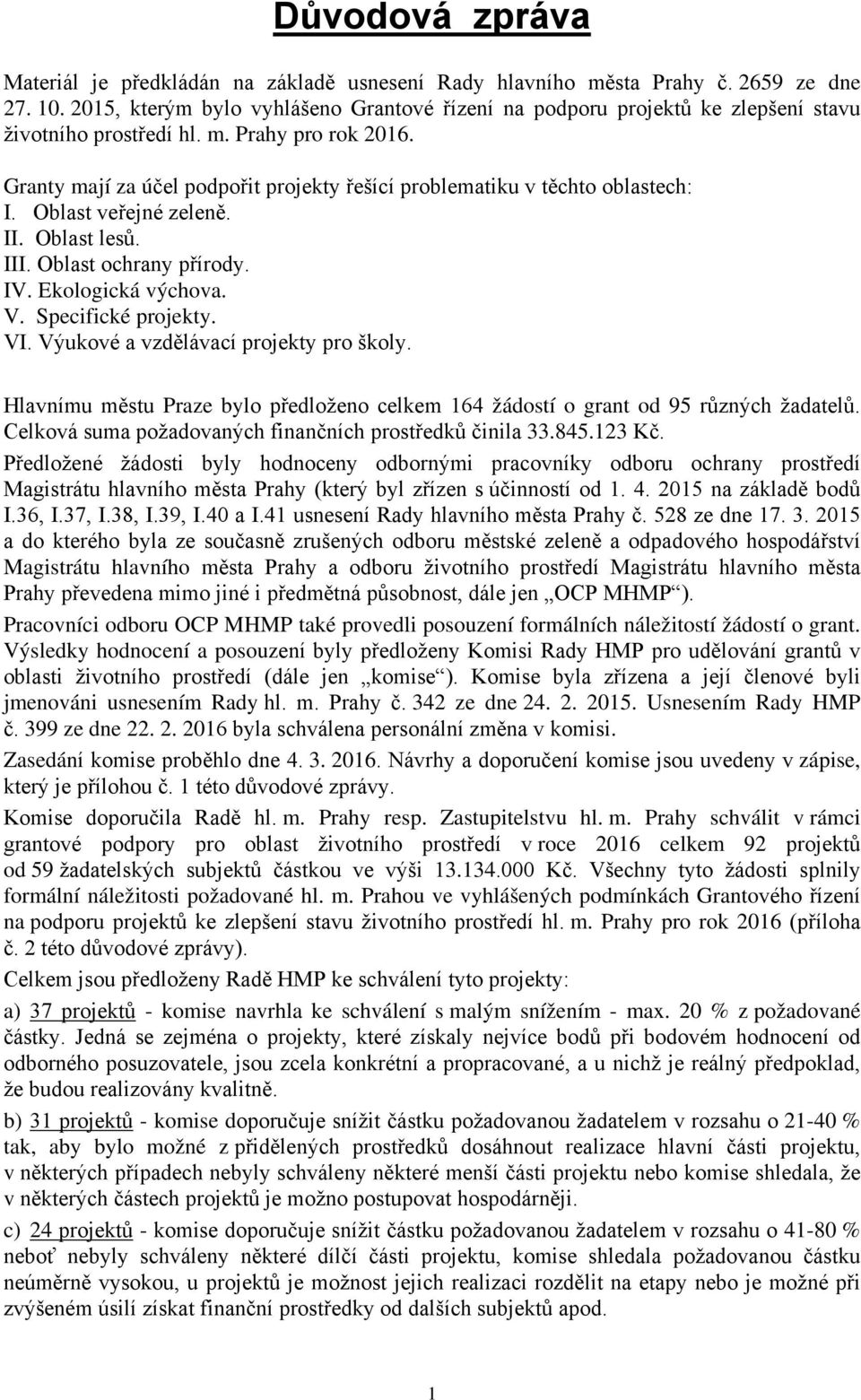 Granty mají za účel podpořit projekty řešící problematiku v těchto oblastech: I. Oblast veřejné zeleně. II. Oblast lesů. III. Oblast ochrany přírody. IV. Ekologická výchova. V. Specifické projekty.