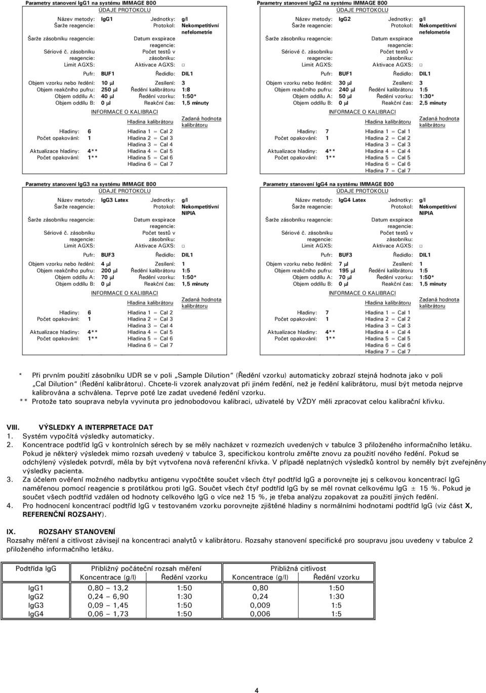 Hladina = Cal 7 Parametry stanovení IgG3 na systému IMMAGE 800 Název metody: IgG3 Latex Jednotky: g/l Šarže Šarže zásobníku Limit AGXS: Aktivace AGXS: Pufr: BUF3 Ředidlo: DIL1 Objem vzorku nebo
