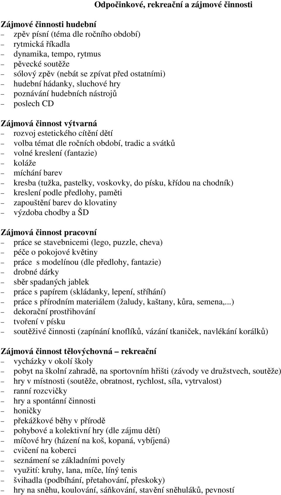 kreslení (fantazie) koláže míchání barev kresba (tužka, pastelky, voskovky, do písku, křídou na chodník) kreslení podle předlohy, paměti zapouštění barev do klovatiny výzdoba chodby a ŠD Zájmová