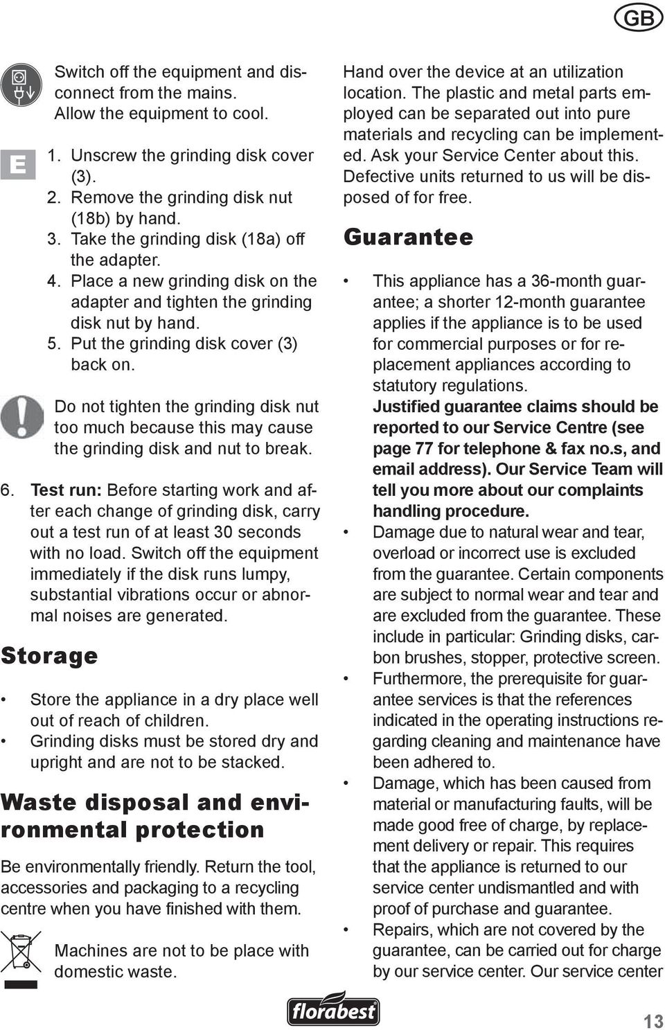 Do not tighten the grinding disk nut too much because this may cause the grinding disk and nut to break. 6.
