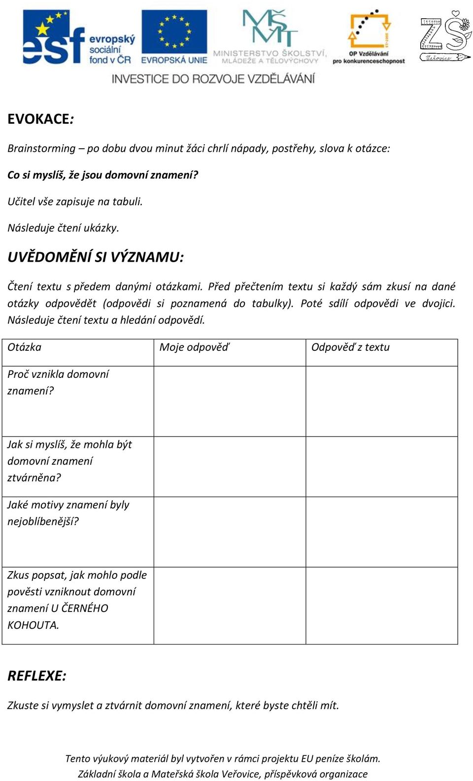 Poté sdílí odpovědi ve dvojici. Následuje čtení textu a hledání odpovědí. Otázka Moje odpověď Odpověď z textu Proč vznikla domovní znamení?