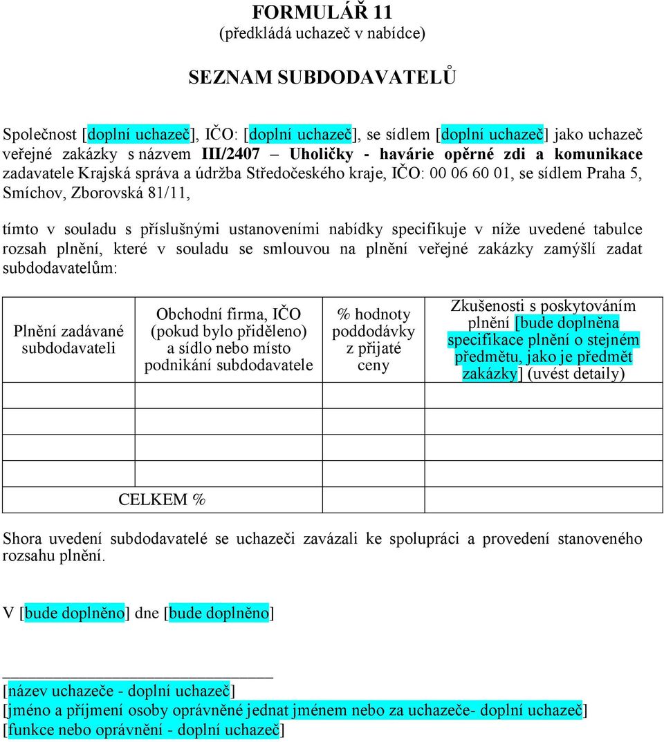 nabídky specifikuje v níže uvedené tabulce rozsah plnění, které v souladu se smlouvou na plnění veřejné zakázky zamýšlí zadat subdodavatelům: Plnění zadávané subdodavateli Obchodní firma, IČO (pokud