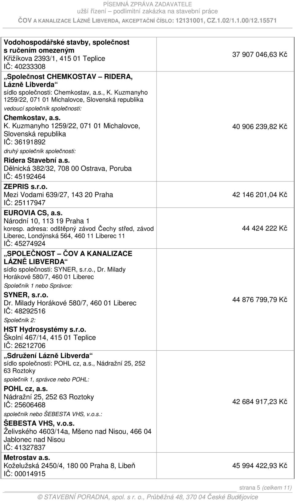 Kuzmanyho 1259/22, 071 01 Michalovce, Slovenská republika IČ: 36191892 druhý společník společnosti: Ridera Stavební a.s. Dělnická 382/32, 708 00 Ostrava, Poruba IČ: 45192464 ZEPRIS s.r.o. Mezi Vodami 639/27, 143 20 Praha IČ: 25117947 EUROVIA CS, a.