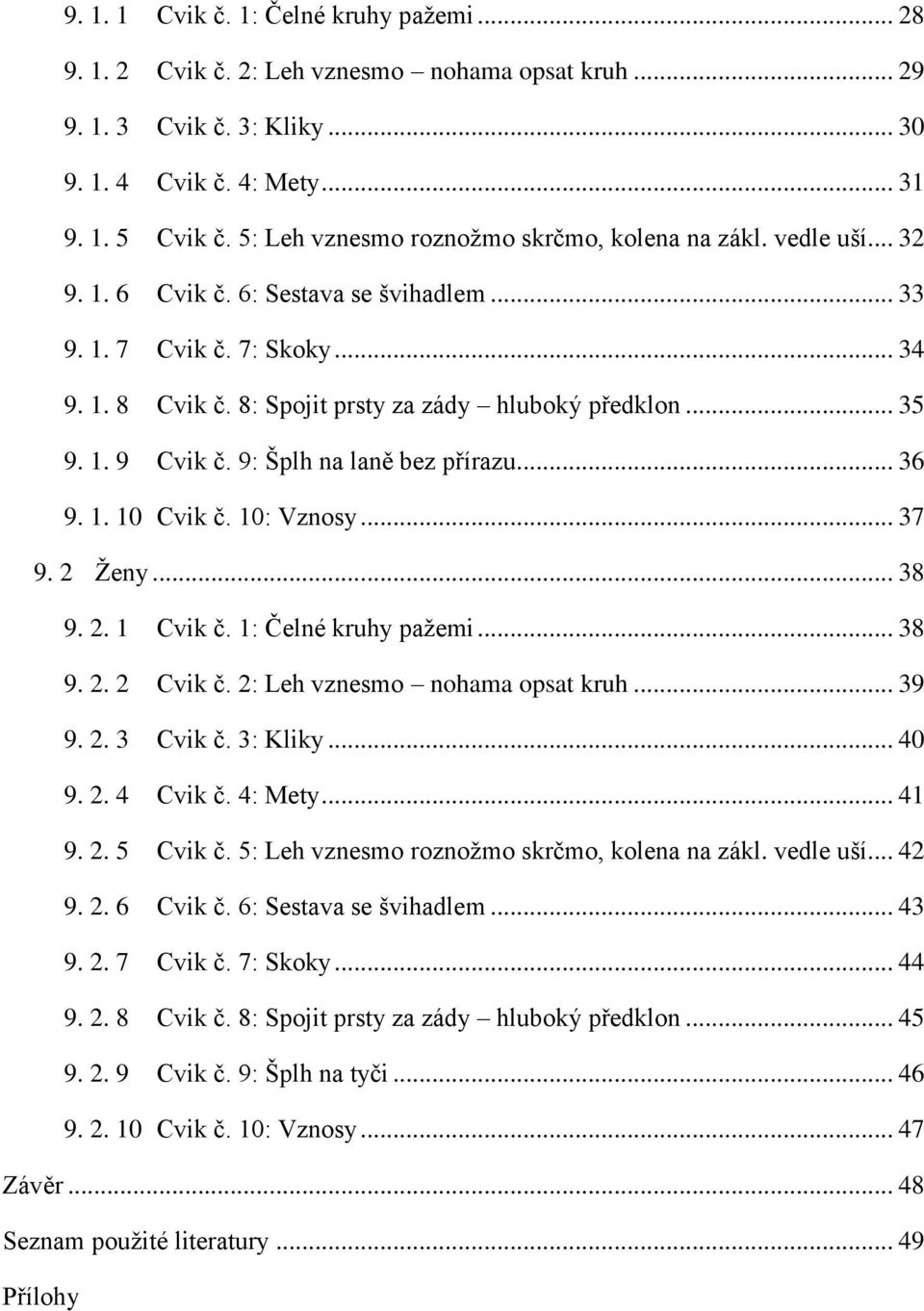 .. 35 9. 1. 9 Cvik č. 9: Šplh na laně bez přírazu... 36 9. 1. 10 Cvik č. 10: Vznosy... 37 9. 2 Ženy... 38 9. 2. 1 Cvik č. 1: Čelné kruhy pažemi... 38 9. 2. 2 Cvik č. 2: Leh vznesmo nohama opsat kruh.