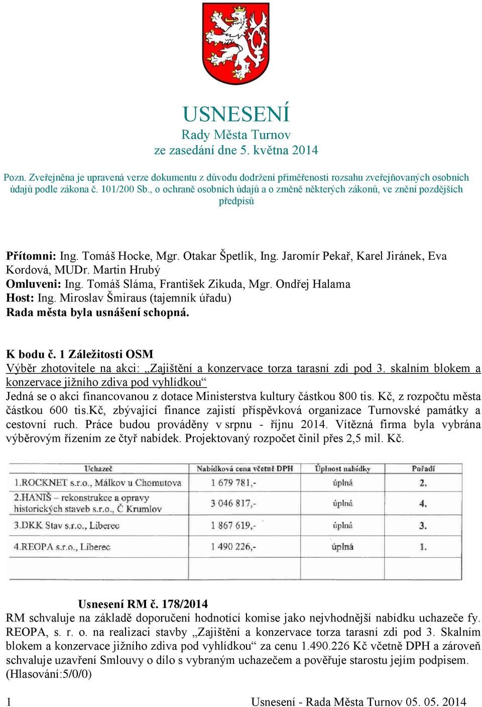 Martin Hrubý Omluveni: Ing. Tomáš Sláma, František Zikuda, Mgr. Ondřej Halama Host: Ing. Miroslav Šmiraus (tajemník úřadu) Rada města byla usnášení schopná. K bodu č.