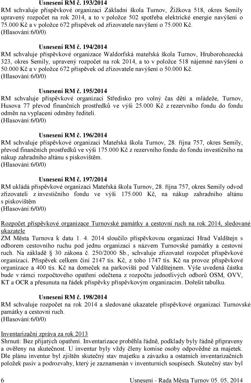 000 Kč a v položce 672 příspěvek od zřizovatele navýšení o 75.000 Kč.  194/2014 RM schvaluje příspěvkové organizace Waldorfská mateřská škola Turnov, Hruborohozecká 323, okres Semily, upravený rozpočet na rok 2014, a to v položce 518 nájemné navýšení o 50.