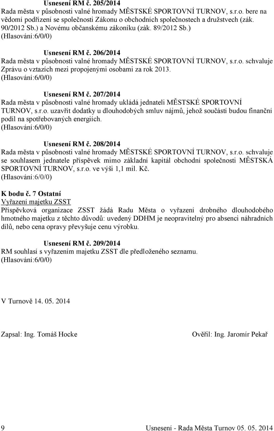 Usnesení RM č. 207/2014 Rada města v působnosti valné hromady ukládá jednateli MĚSTSKÉ SPORTOVNÍ TURNOV, s.r.o. uzavřít dodatky u dlouhodobých smluv nájmů, jehož součástí budou finanční podíl na spotřebovaných energiích.