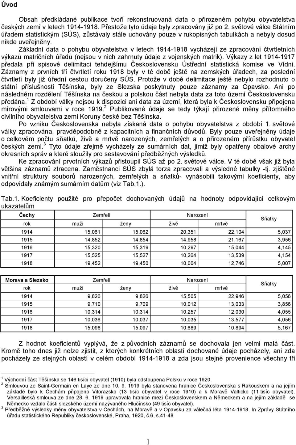 Základní data o pohybu obyvatelstva v letech 1914-1918 vycházejí ze zpracování čtvrtletních výkazů matričních úřadů (nejsou v nich zahrnuty údaje z vojenských matrik).