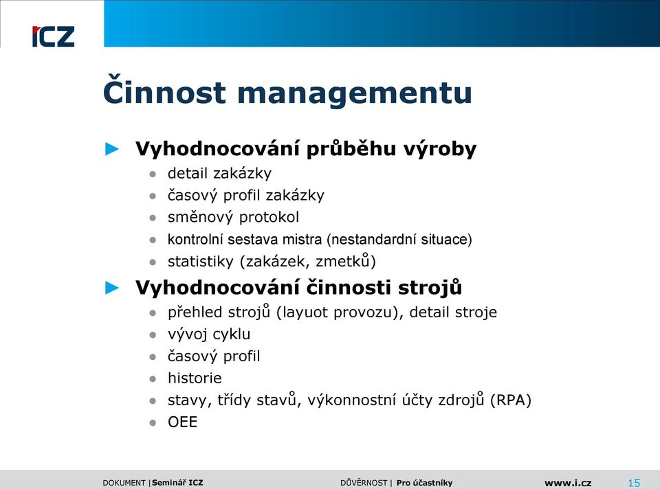 zmetků) Vyhodnocování činnosti strojů přehled strojů (layuot provozu), detail stroje