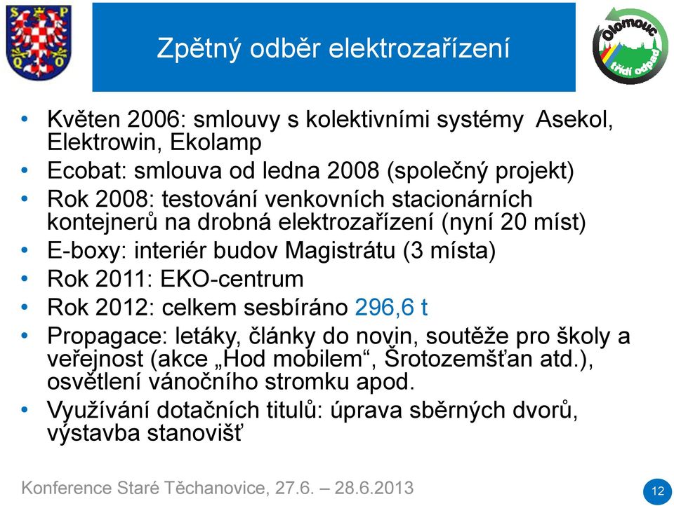 EKO-centrum Rok 2012: celkem sesbíráno 296,6 t Propagace: letáky, články do novin, soutěže pro školy a veřejnost (akce Hod mobilem, Šrotozemšťan atd.