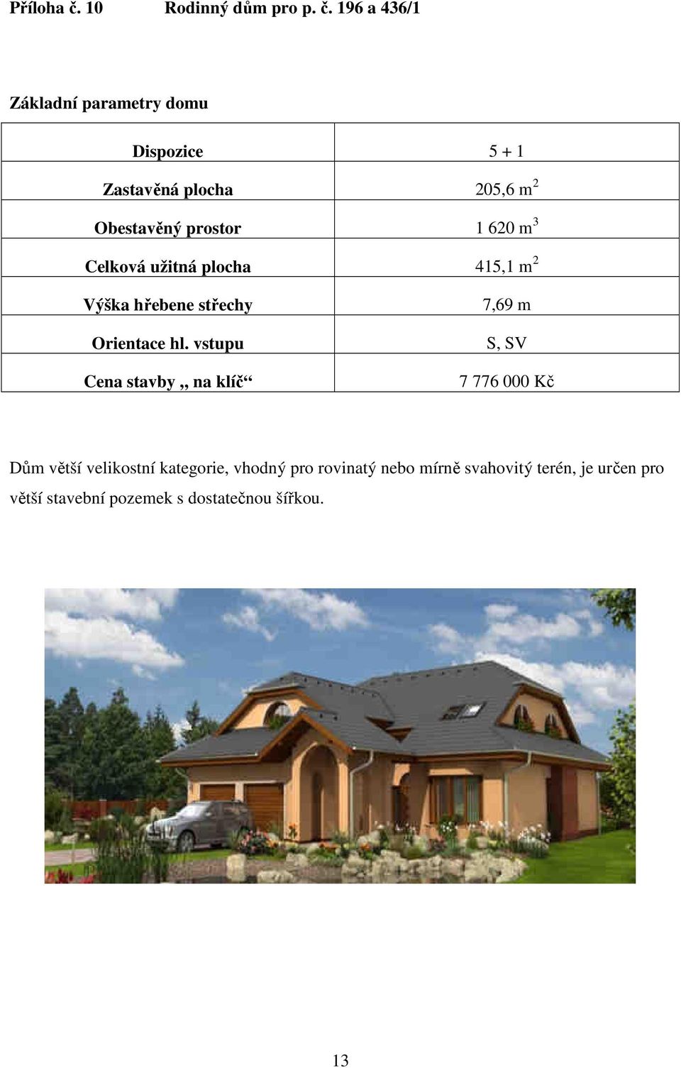 196 a 436/1 Základní parametry domu Dispozice 5 + 1 Zastavěná plocha 205,6 m 2 Obestavěný prostor 1