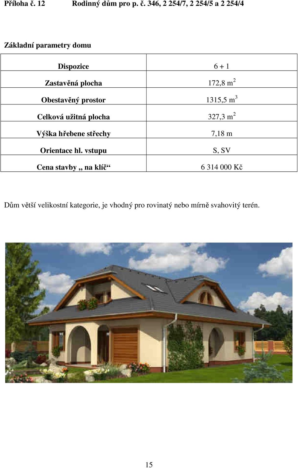 346, 2 254/7, 2 254/5 a 2 254/4 Základní parametry domu Dispozice 6 + 1 Zastavěná plocha