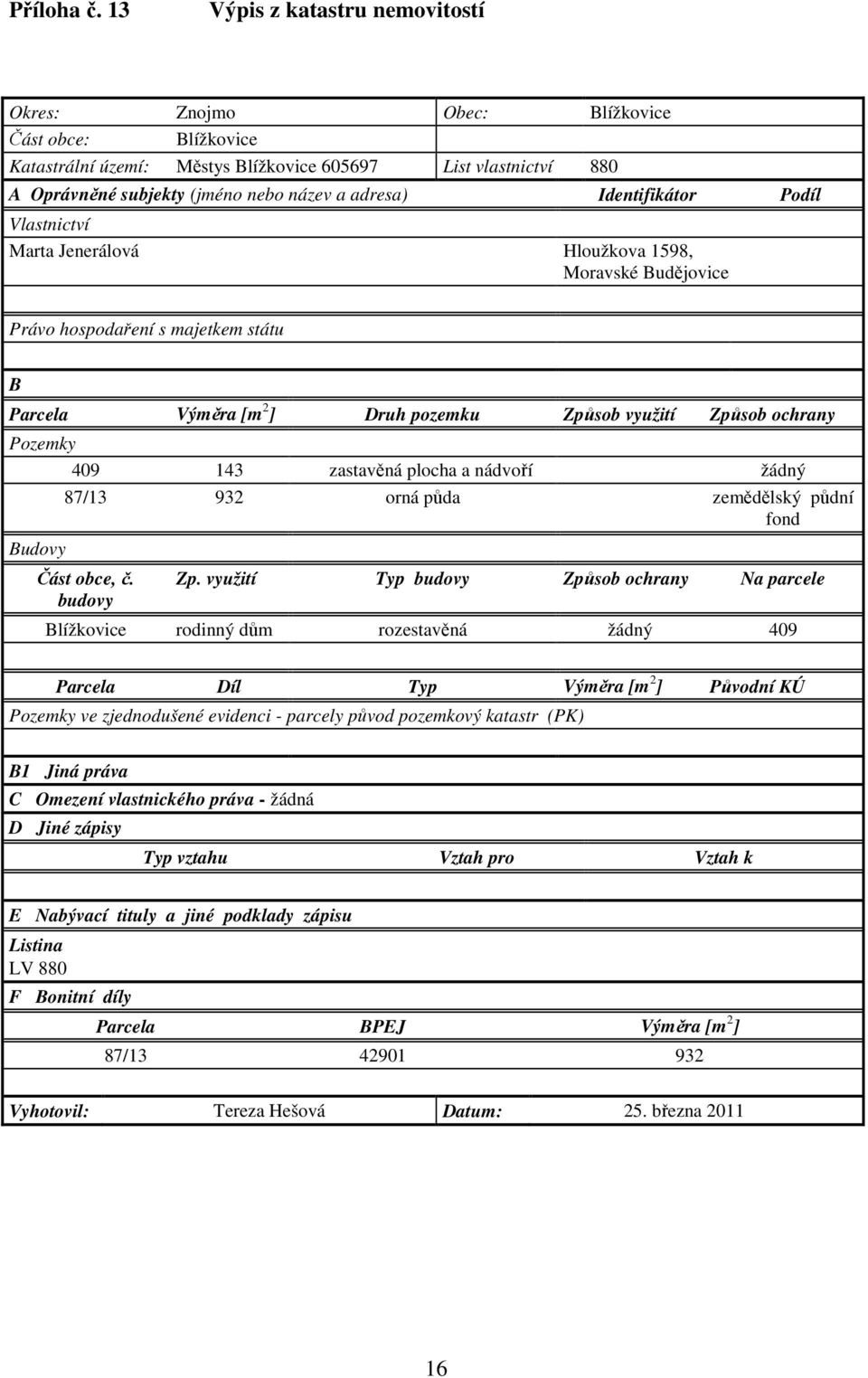 Identifikátor Podíl Vlastnictví Marta Jenerálová Hloužkova 1598, Moravské Budějovice Právo hospodaření s majetkem státu B Parcela Výměra [m 2 ] Druh pozemku Způsob využití Způsob ochrany Pozemky 409
