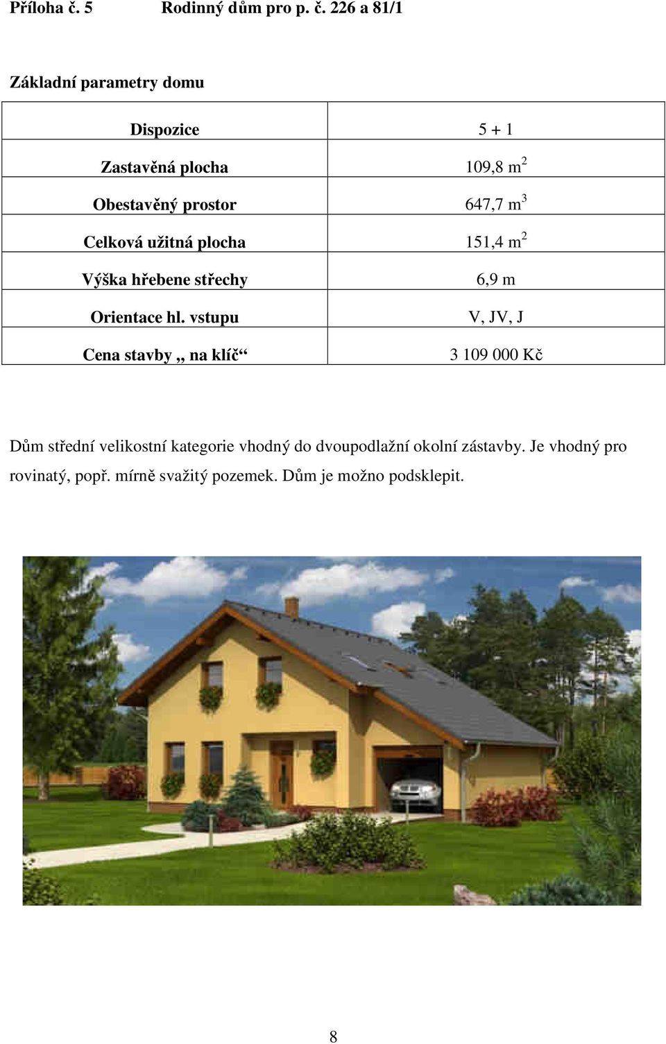 226 a 81/1 Základní parametry domu Dispozice 5 + 1 Zastavěná plocha 109,8 m 2 Obestavěný prostor 647,7 m