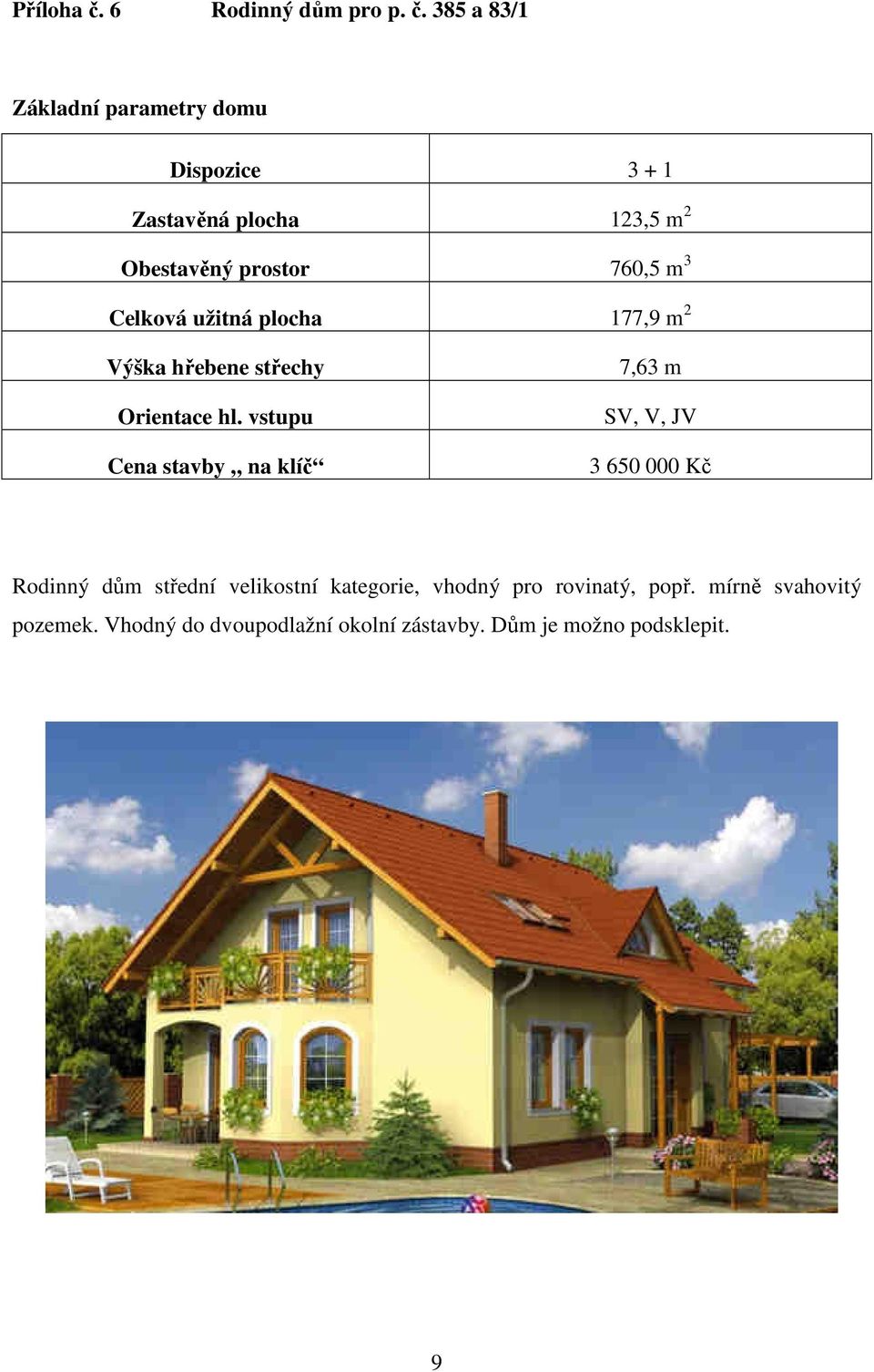 385 a 83/1 Základní parametry domu Dispozice 3 + 1 Zastavěná plocha 123,5 m 2 Obestavěný prostor 760,5 m 3