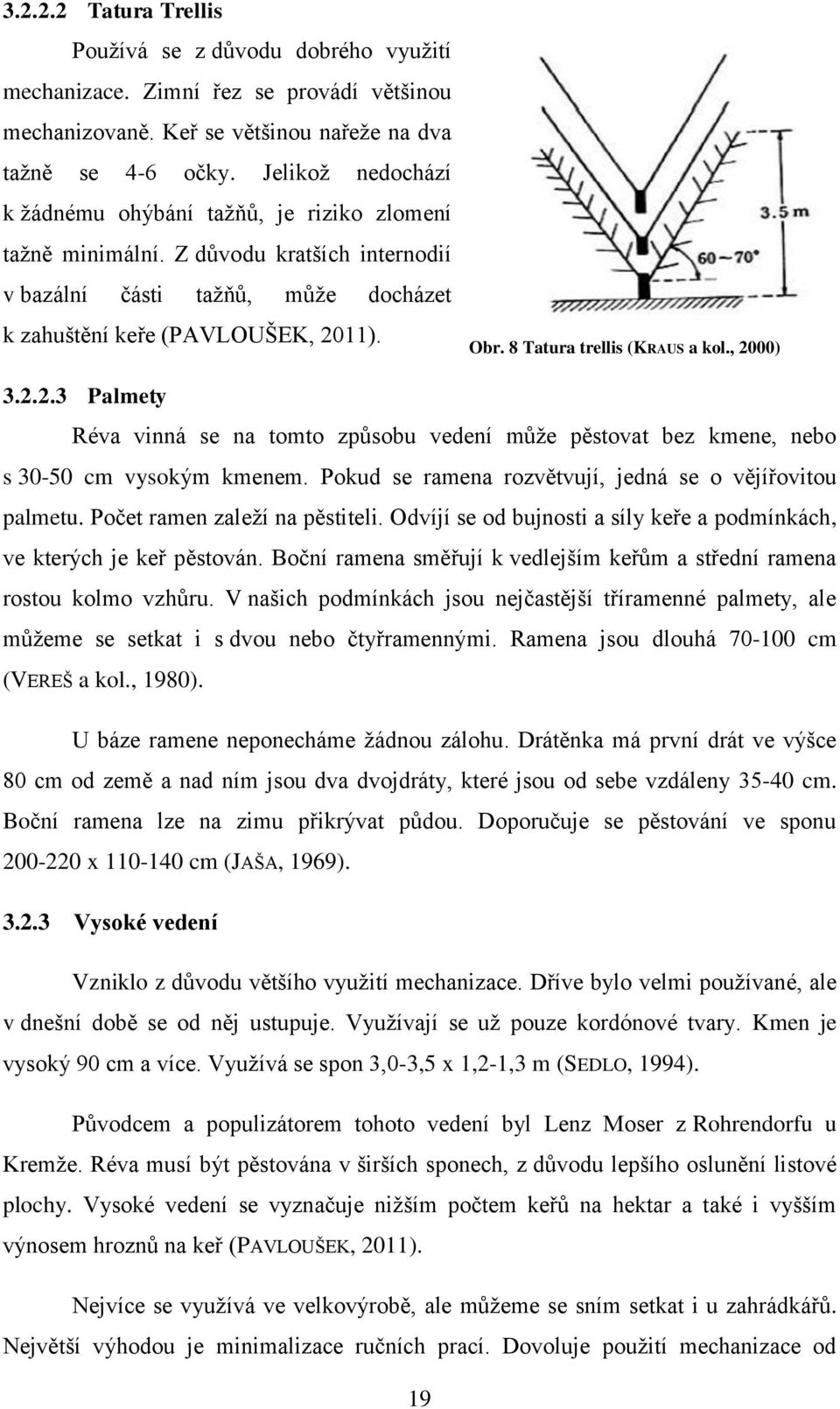 8 Tatura trellis (KRAUS a kol., 2000) 3.2.2.3 Palmety Réva vinná se na tomto způsobu vedení může pěstovat bez kmene, nebo s 30-50 cm vysokým kmenem.