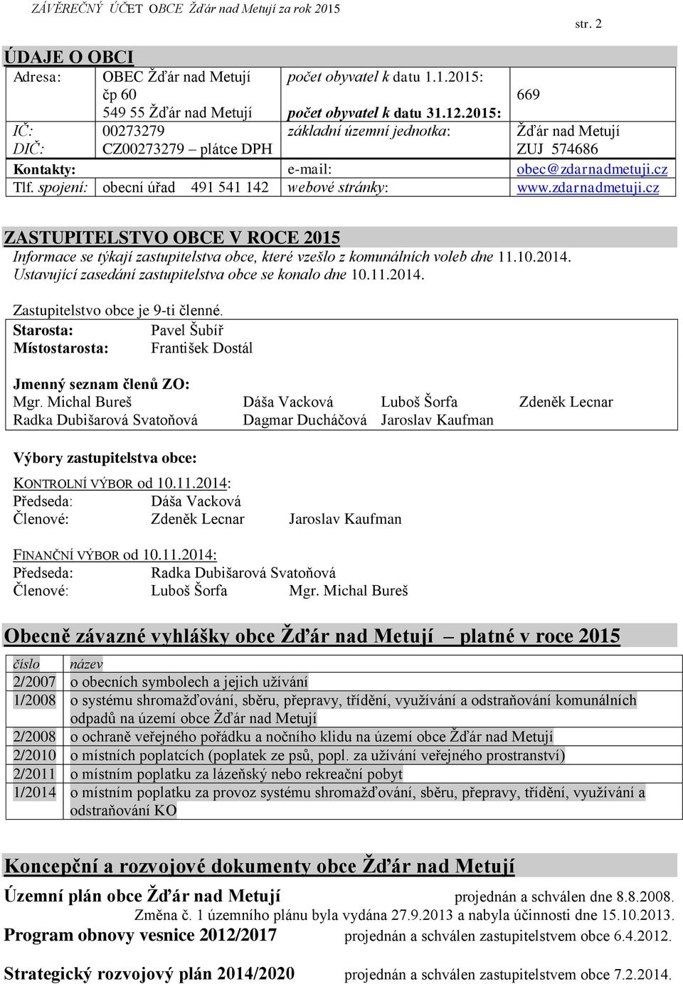 cz Tlf. spojení: obecní úřad 491 541 142 webové stránky: www.zdarnadmetuji.cz 669 ZASTUPITELSTVO OBCE V ROCE 2015 Informace se týkají zastupitelstva obce, které vzešlo z komunálních voleb dne 11.10.