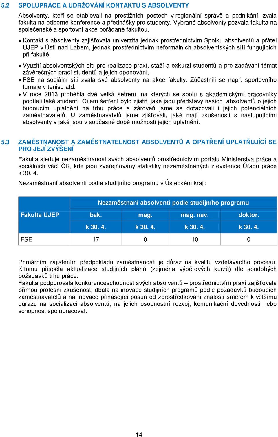 Kontakt s absolventy zajišťovala univerzita jednak prostřednictvím Spolku absolventů a přátel UJEP v Ústí nad Labem, jednak prostřednictvím neformálních absolventských sítí fungujících při fakultě.