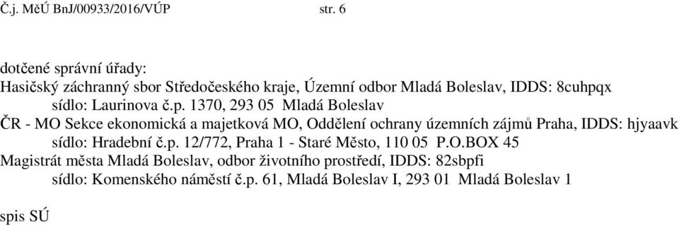 č.p. 1370, 293 05 Mladá Boleslav ČR - MO Sekce ekonomická a majetková MO, Oddělení ochrany územních zájmů Praha, IDDS: hjyaavk