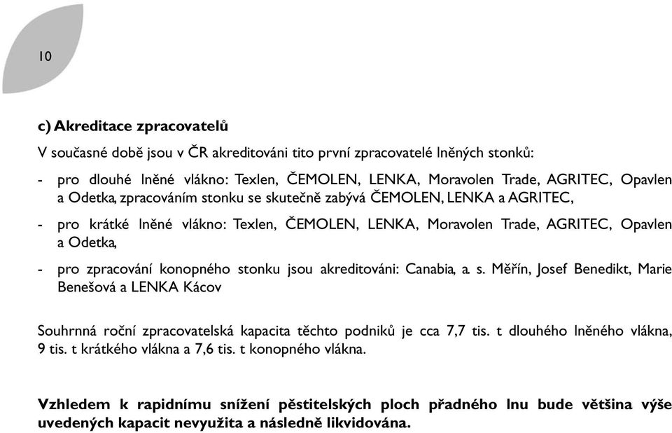 zpracování konopného stonku jsou akreditováni: Canabia, a. s. Měřín, Josef Benedikt, Marie Benešová a LENKA Kácov Souhrnná roční zpracovatelská kapacita těchto podniků je cca 7,7 tis.