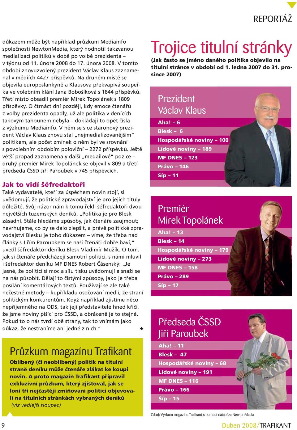 Na druhém místě se objevila europoslankyně a Klausova překvapivá soupeřka ve volebním klání Jana Bobošíková s 1844 příspěvků. Třetí místo obsadil premiér Mirek Topolánek s 1809 příspěvky.