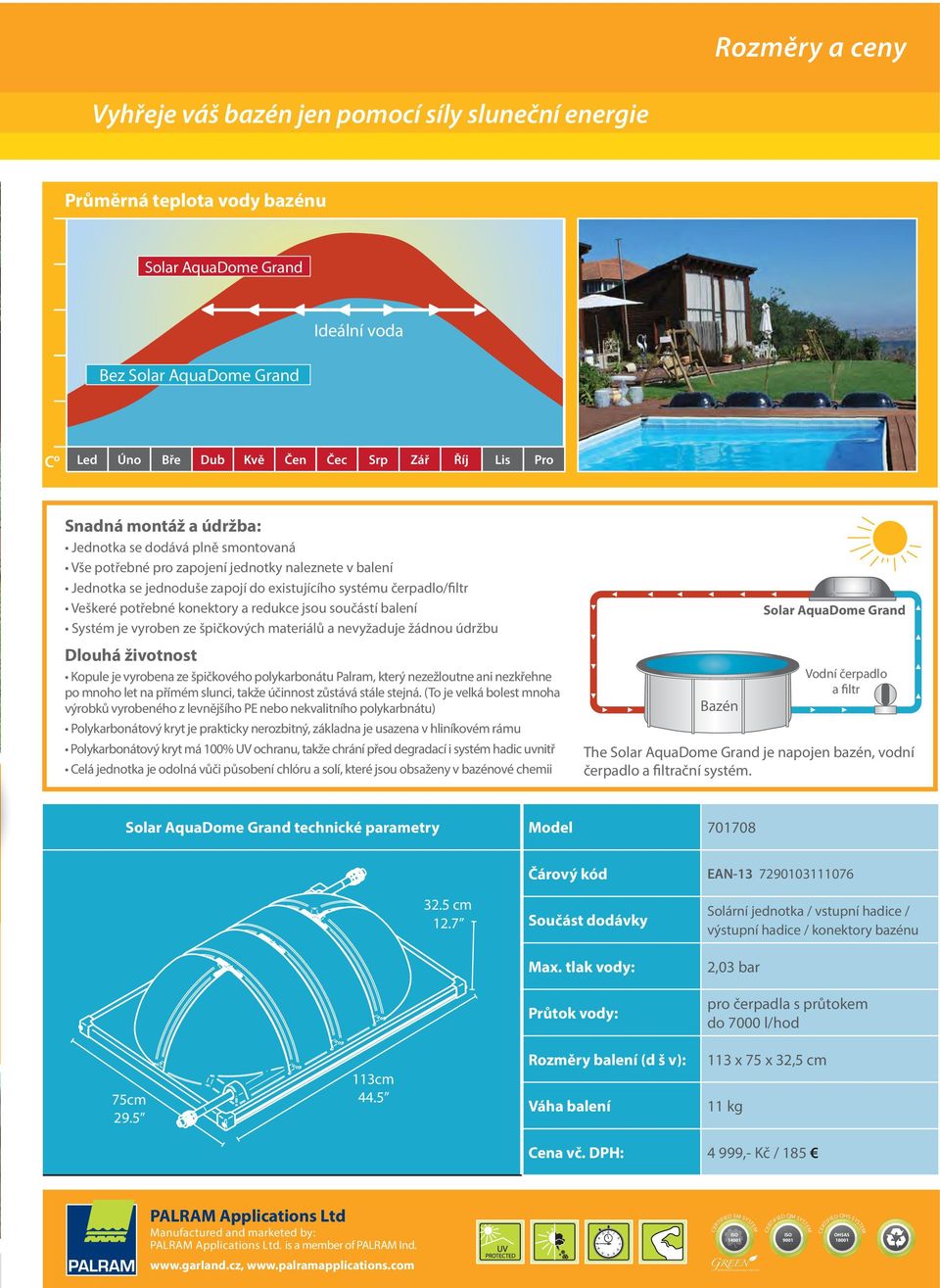 systému čerpadlo/filtr Veškeré potřebné konektory a redukce jsou součástí balení Systém je vyroben ze špičkových materiálů a nevyžaduje žádnou údržbu Dlouhá životnost Kopule je vyrobena ze špičkového