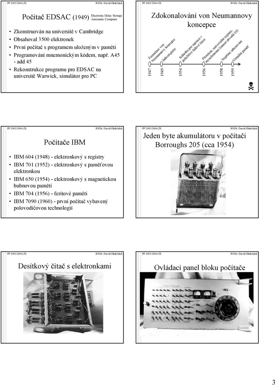 A45 -add45 Rekonstrukce programu pro EDSAC na universitě Warwick, simulátor pro PC 1947 Zdokonalování von Neumannovy koncepce Formulace von Neumannovy koncepce Indexregistry 1949 1954 Jednotka pro