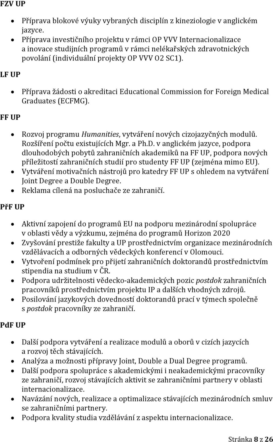 LF UP FF UP Příprava žádosti o akreditaci Educational Commission for Foreign Medical Graduates (ECFMG). Rozvoj programu Humanities, vytváření nových cizojazyčných modulů.