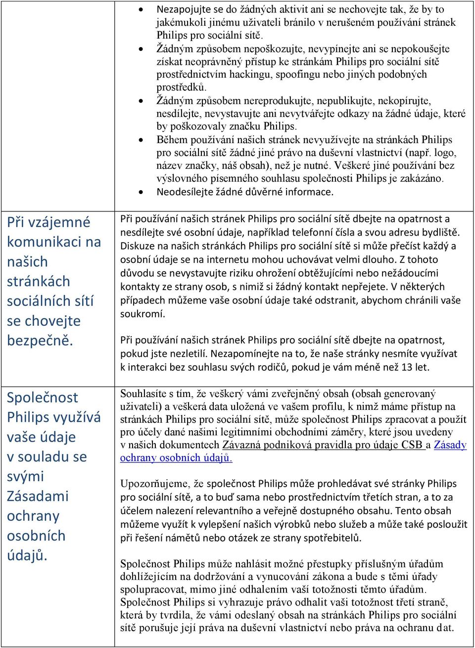 Žádným způsobem nereprodukujte, nepublikujte, nekopírujte, nesdílejte, nevystavujte ani nevytvářejte odkazy na žádné údaje, které by poškozovaly značku Philips.